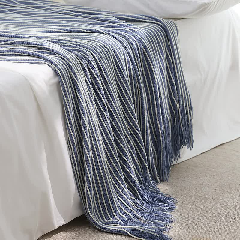 Blue Cozy Knit Throw Blanket with Fringe - Stylish Striped  Bed End Cover, 127x220CM