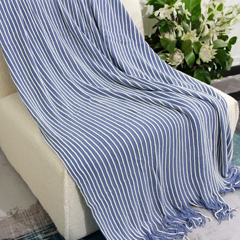 Blue Cozy Knit Throw Blanket with Fringe - Stylish Striped  Bed End Cover, 127x220CM