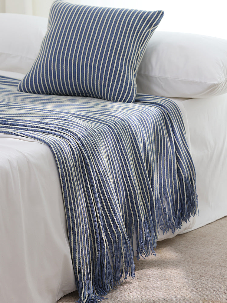 Blue Cozy Knit Throw Blanket with Fringe - Stylish Striped  Bed End Cover, 127x220CM