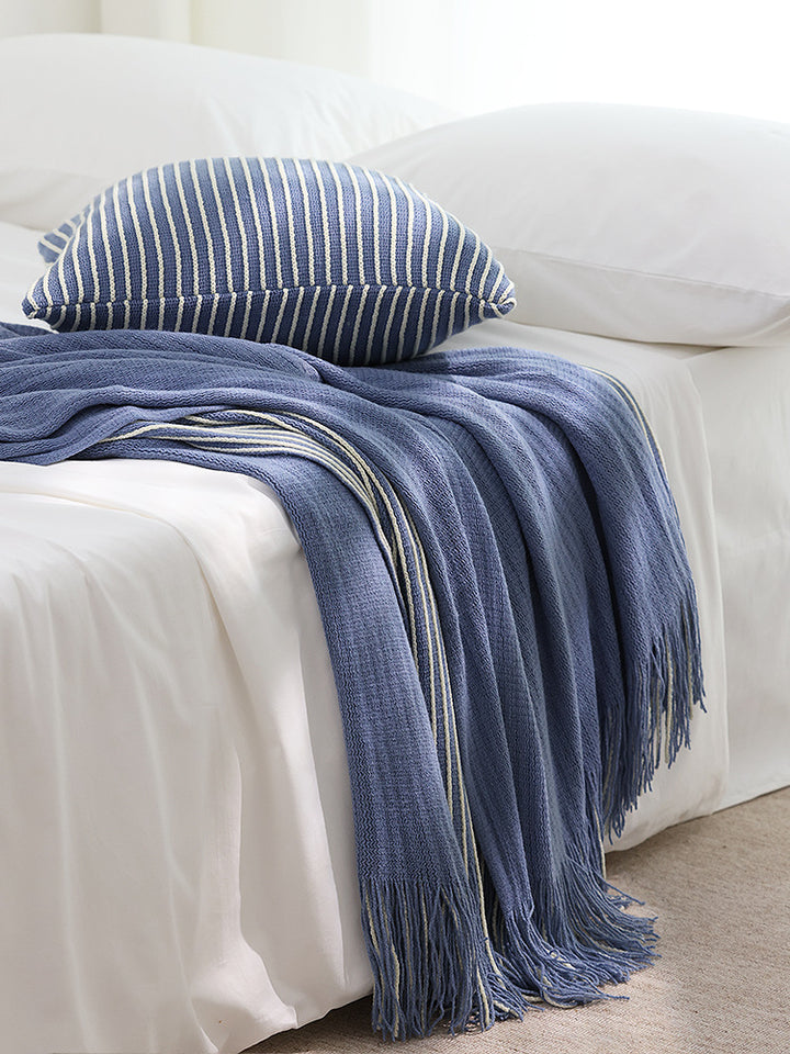 Blue Cozy Knit Throw Blanket with Fringe - Stylish Striped  Bed End Cover, 127x220CM