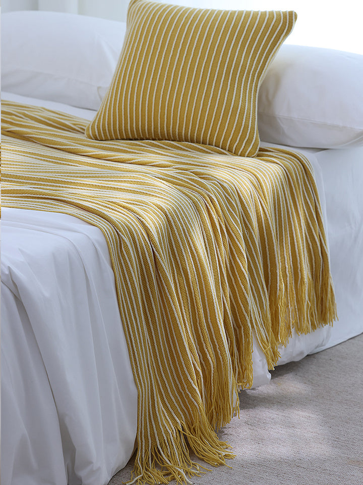 Yellow Cozy Knit Throw Blanket with Fringe - Stylish Striped  Bed End Cover, 127x170CM