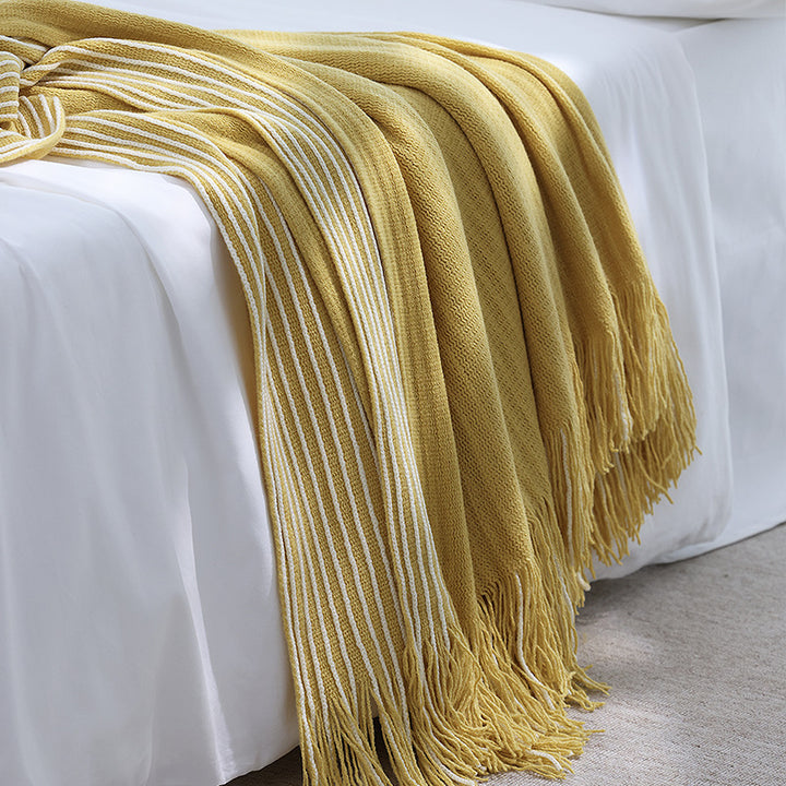 Yellow Cozy Knit Throw Blanket with Fringe - Stylish Striped  Bed End Cover, 127x170CM