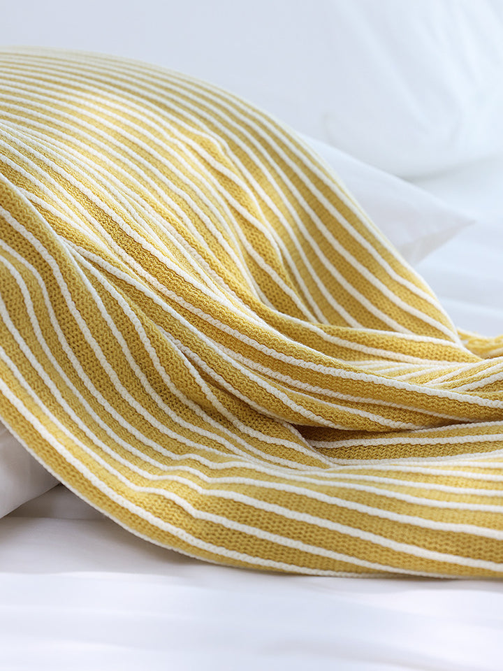 Yellow Cozy Knit Throw Blanket with Fringe - Stylish Striped  Bed End Cover, 127x220CM