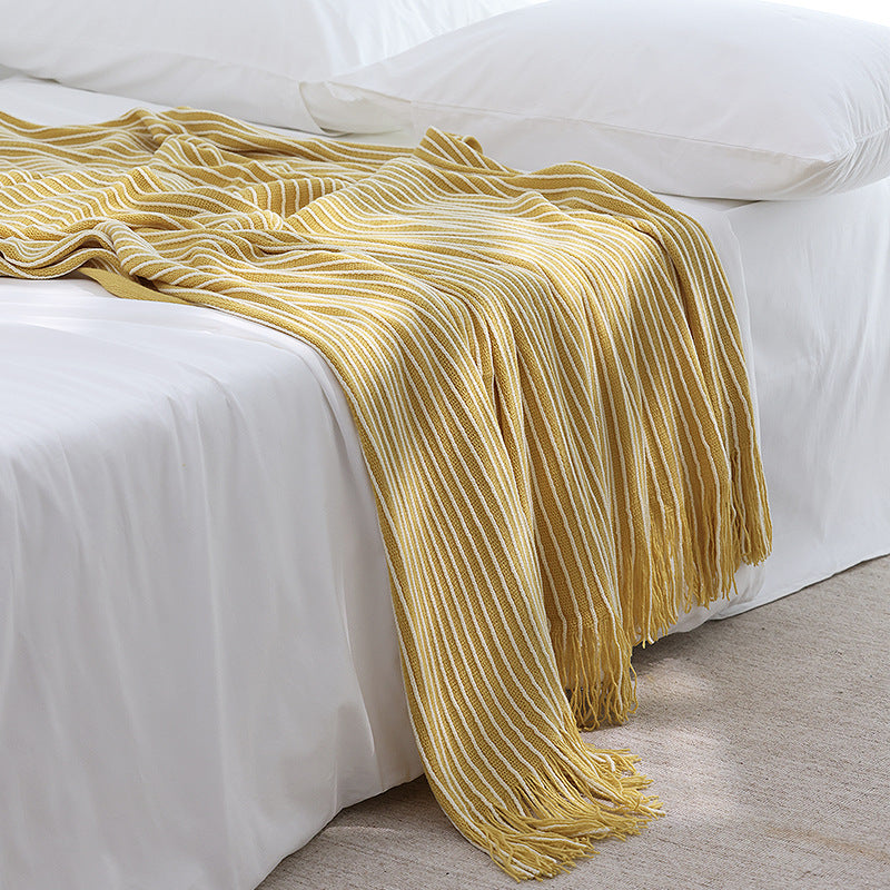 Yellow Cozy Knit Throw Blanket with Fringe - Stylish Striped  Bed End Cover, 127x220CM