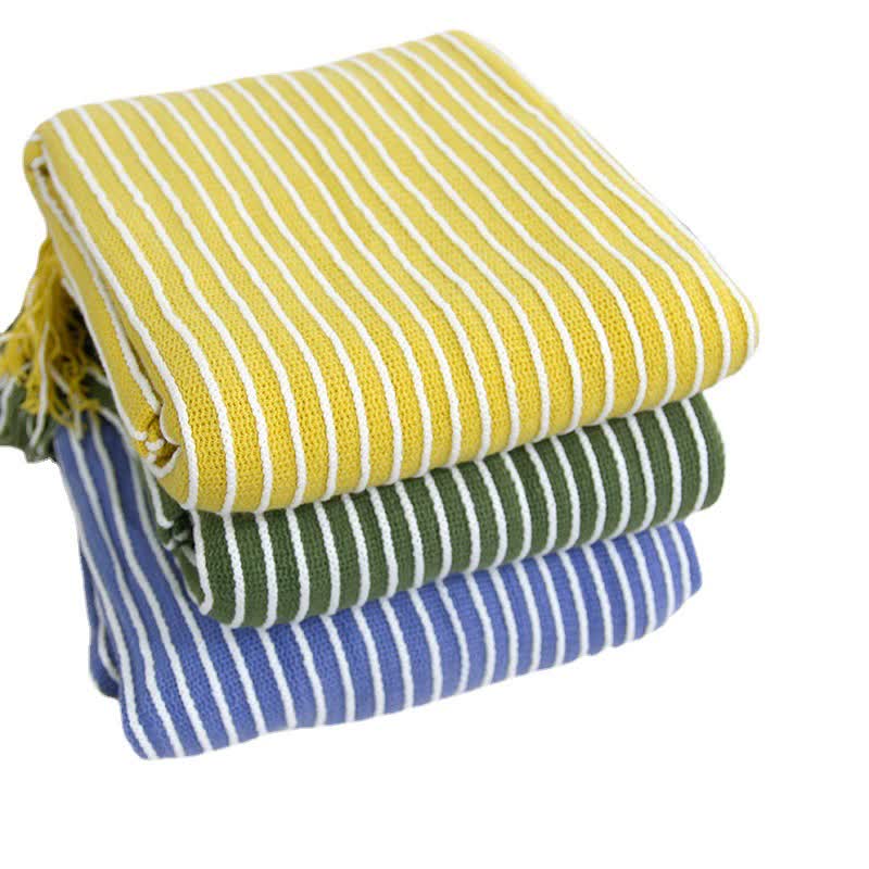 Yellow Cozy Knit Throw Blanket with Fringe - Stylish Striped  Bed End Cover, 127x220CM