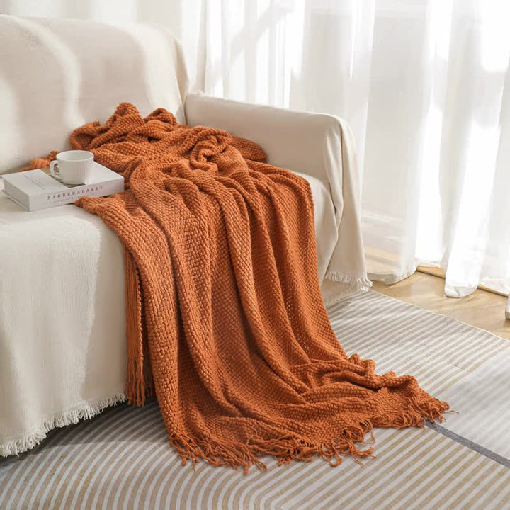 Orange Premium Woven Knitted Throw Blanket with Tassels | Soft, Cozy Sofa & Bed Blanket, Perfect for Office or Afternoon Naps 130x220cm