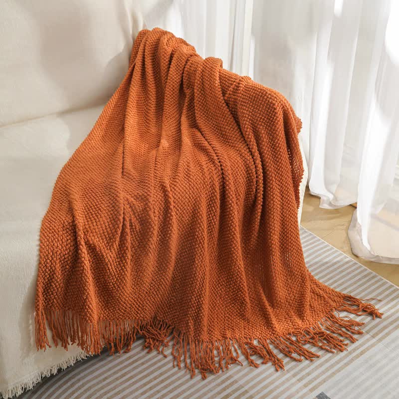 Orange Premium Woven Knitted Throw Blanket with Tassels | Soft, Cozy Sofa & Bed Blanket, Perfect for Office or Afternoon Naps 130x220cm