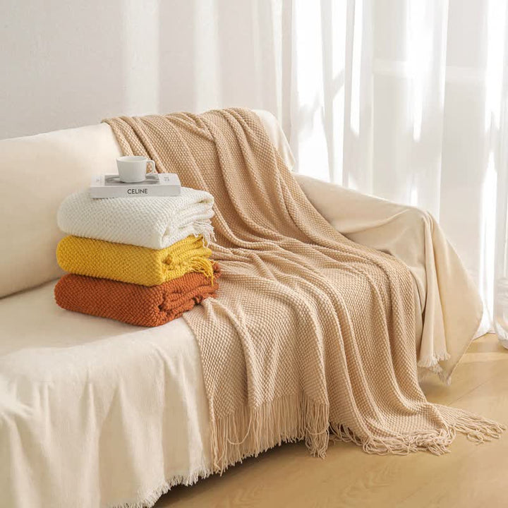 Orange Premium Woven Knitted Throw Blanket with Tassels | Soft, Cozy Sofa & Bed Blanket, Perfect for Office or Afternoon Naps 130x220cm