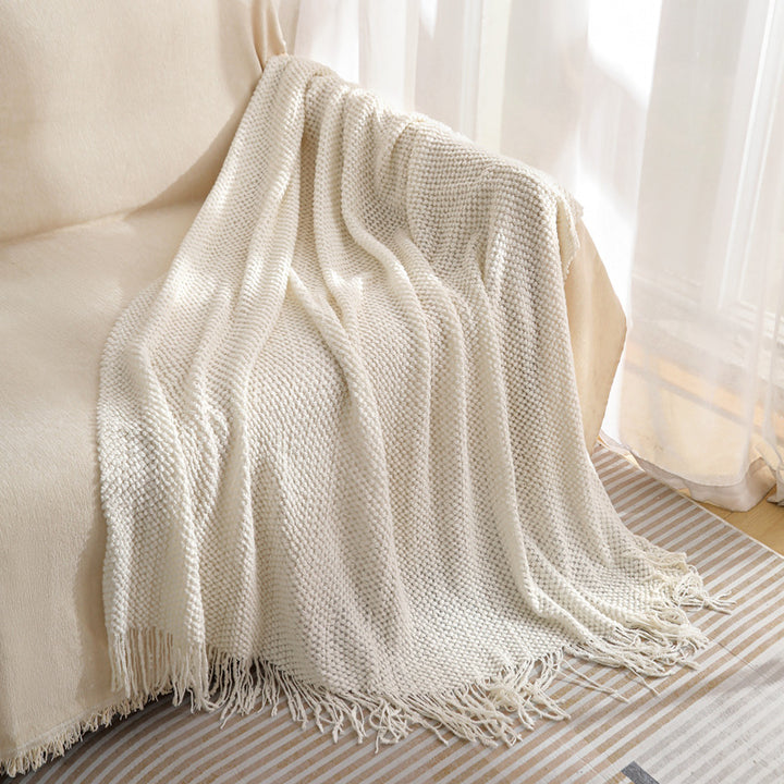 Off-white Premium Woven Knitted Throw Blanket with Tassels | Soft, Cozy Sofa & Bed Blanket, Perfect for Office or Afternoon Naps 127x172cm