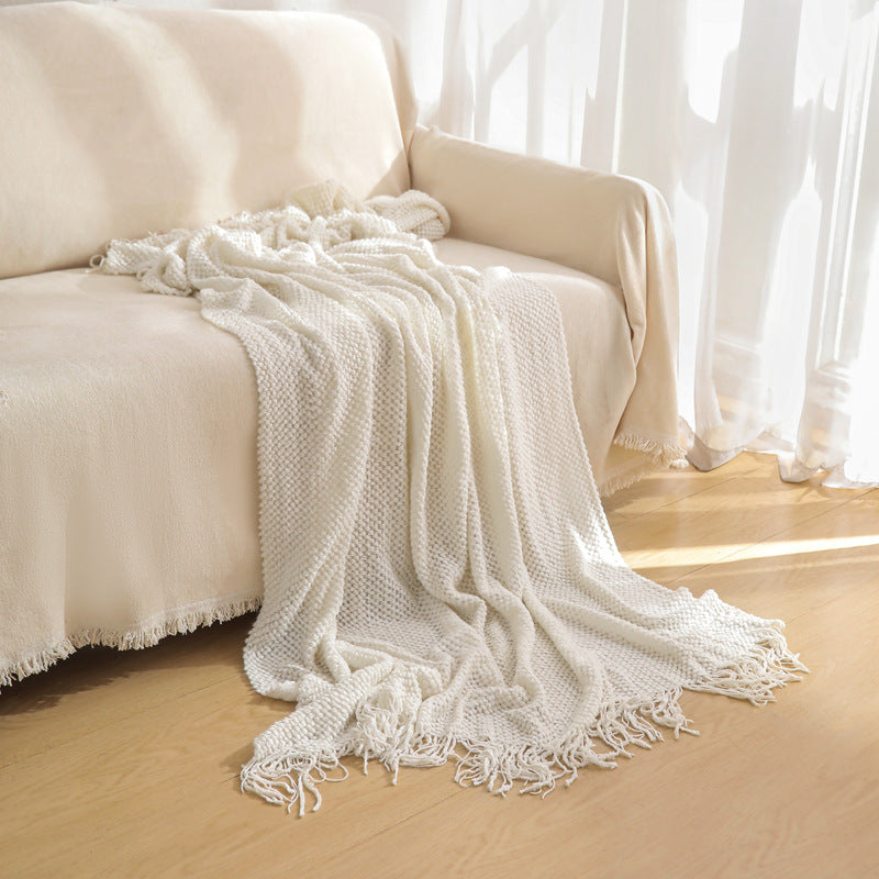 Off-white Premium Woven Knitted Throw Blanket with Tassels | Soft, Cozy Sofa & Bed Blanket, Perfect for Office or Afternoon Naps 127x172cm