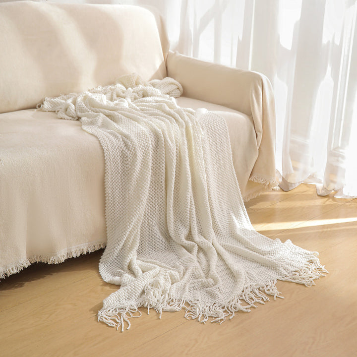 Off-white Premium Woven Knitted Throw Blanket with Tassels | Soft, Cozy Sofa & Bed Blanket, Perfect for Office or Afternoon Naps 130x220cm