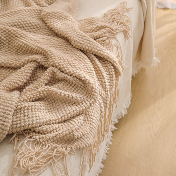 Khaki Premium Woven Knitted Throw Blanket with Tassels | Soft, Cozy Sofa & Bed Blanket, Perfect for Office or Afternoon Naps 127x172cm