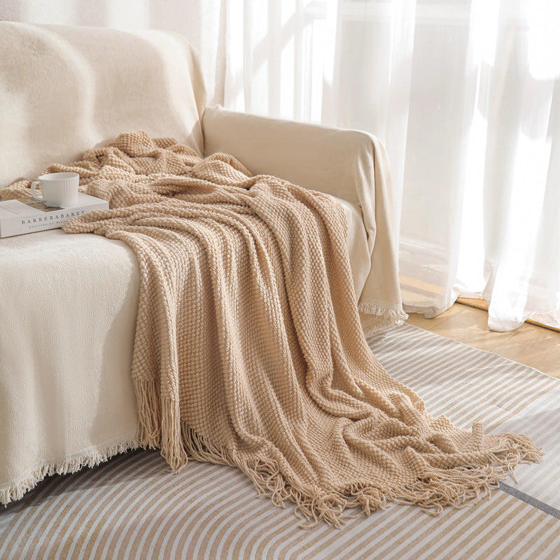 Khaki Premium Woven Knitted Throw Blanket with Tassels | Soft, Cozy Sofa & Bed Blanket, Perfect for Office or Afternoon Naps 130x220cm