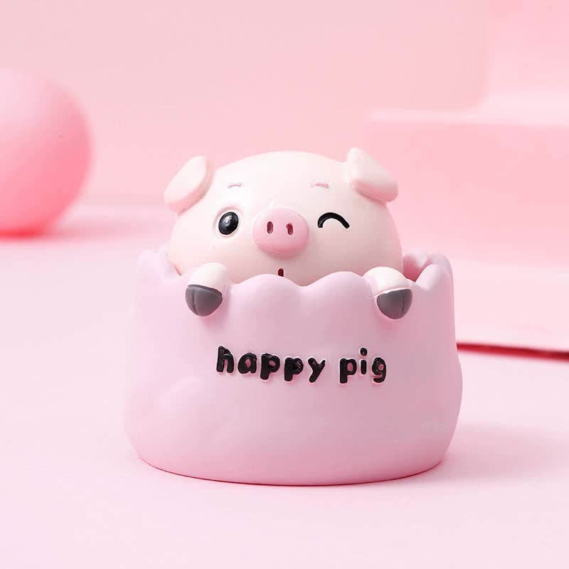 2 pcs Pink Cute Pig Head Bobble Head Car Ornament | Resin Pig Doll for Car Dashboard Decoration 6.5x7cm