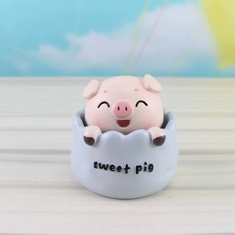 2 pcs Blue Cute Pig Head Bobble Head Car Ornament | Resin Pig Doll for Car Dashboard Decoration 6.5x7cm