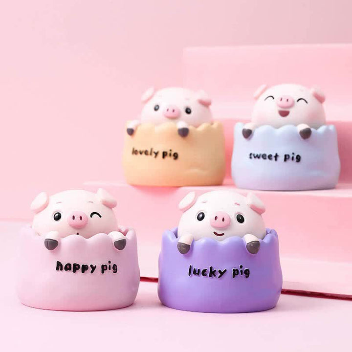 2 pcs Purple Cute Pig Head Bobble Head Car Ornament | Resin Pig Doll for Car Dashboard Decoration 6.5x7cm