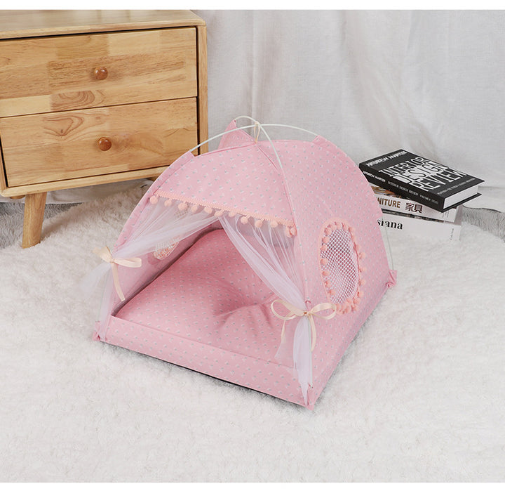 Pink Floral Portable Folding Pet Tent - Summer Cat & Dog Shelter with Mesh Window, Lightweight and Breathable, Ideal for Travel & Home Use 40x40x35CM