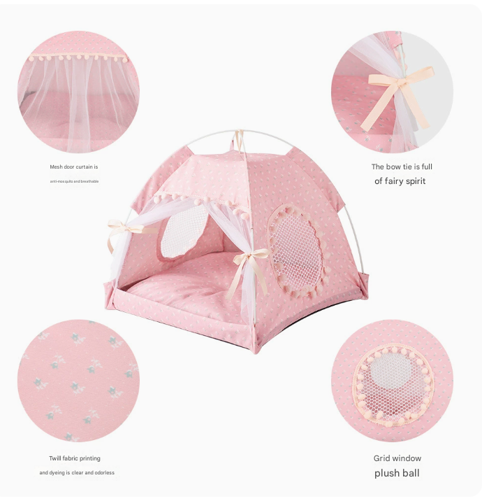 Pink Floral Portable Folding Pet Tent - Summer Cat & Dog Shelter with Mesh Window, Lightweight and Breathable, Ideal for Travel & Home Use 50x50x45CM