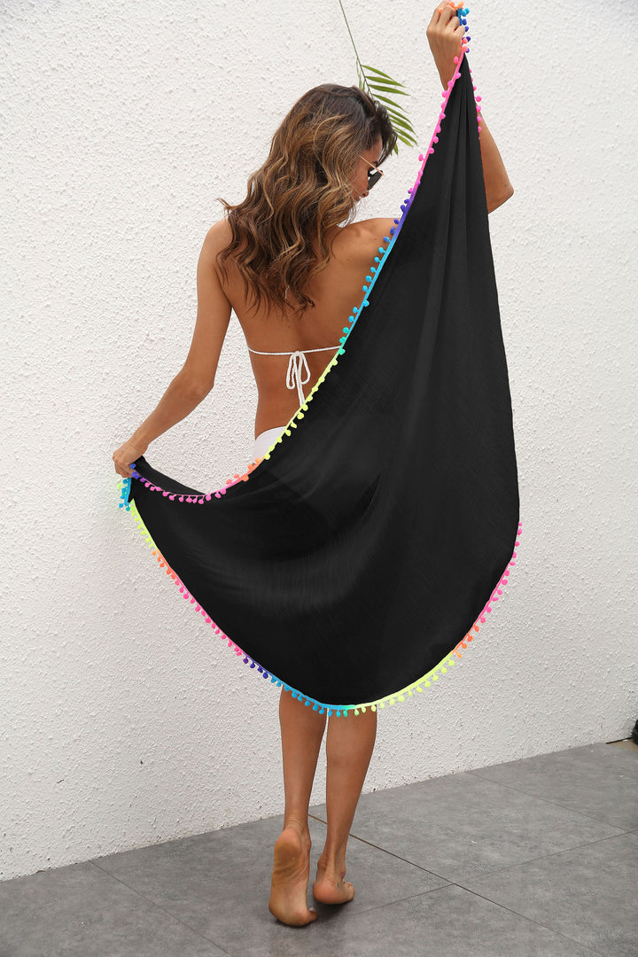 Black Summer Sun Protection Sarong - Women's Beach Cover-Up with Tassels 68x163cm