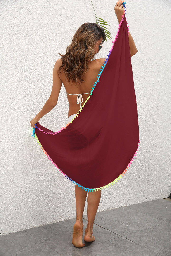 Red Summer Sun Protection Sarong - Women's Beach Cover-Up with Tassels 68x163cm