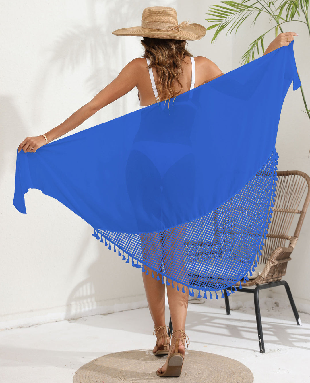 Blue Women's Mesh Detail Beach Wrap - Tassel Trim Swim Cover-Up 95x195cm