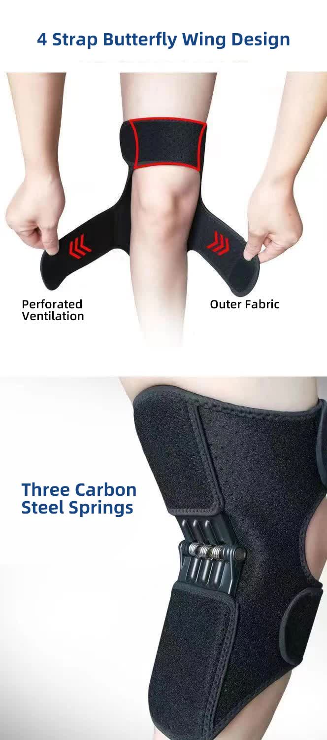 1 Pair Black Adjustable Knee Brace Support with Spring Booster – Patella Stabilizer for Squats, Hiking, and Outdoor Sports