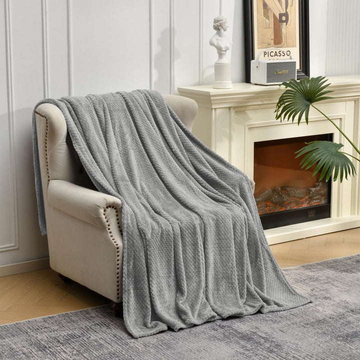 Grey Soft Flannel Jacquard Throw Blanket - Cozy Sofa & Bed Cover, Air Conditioning Blanket, 50 x 60 Inches, Elegant Solid Color