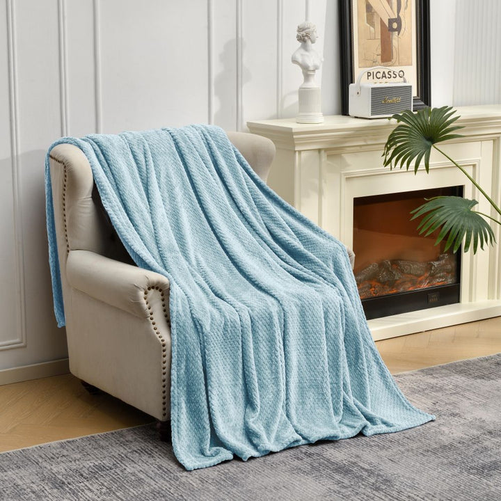 Blue Soft Flannel Jacquard Throw Blanket - Cozy Sofa & Bed Cover, Air Conditioning Blanket, 50 x 60 Inches, Elegant Solid Color