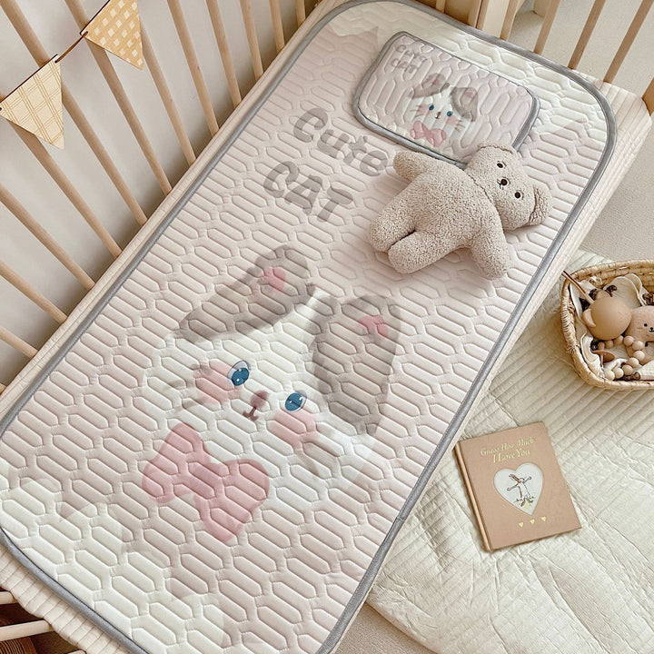 Cute Cat Pattern 2 Piece Set Kids Cooling Pad Set - 60x120cm Cartoon Latex Mattress Protector,  Pillow