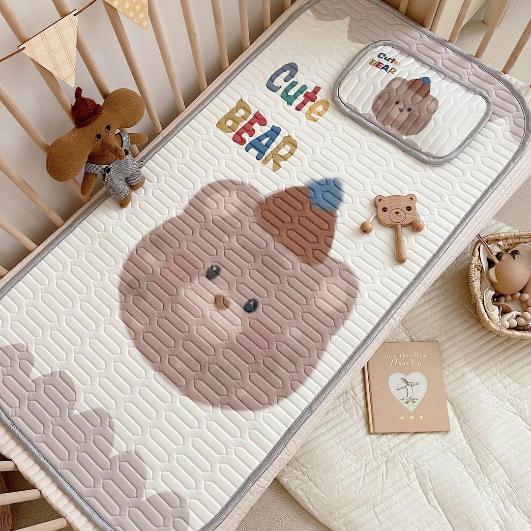 Cute Bear Pattern 2 Piece Set Kids Cooling Pad Set - 60x120cm Cartoon Latex Mattress Protector,  Pillow