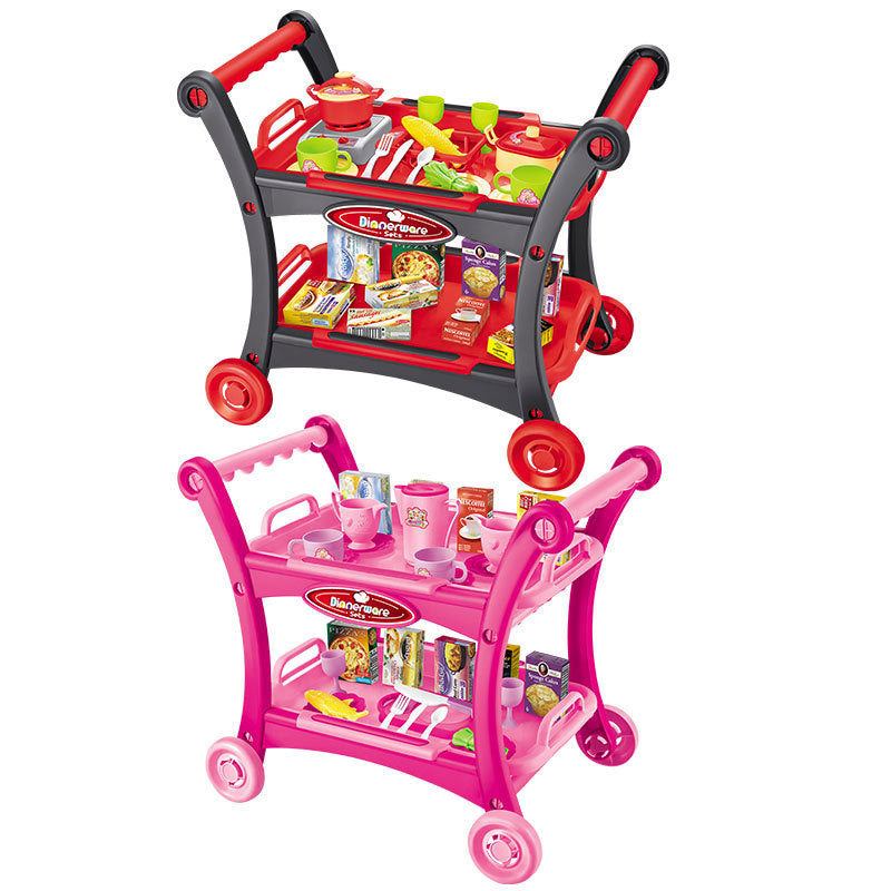 Pink Children's Pretend Play Kitchen Cart Set with Toys - Roleplay Cooking Set with Accessories - Educational Toy for Kids