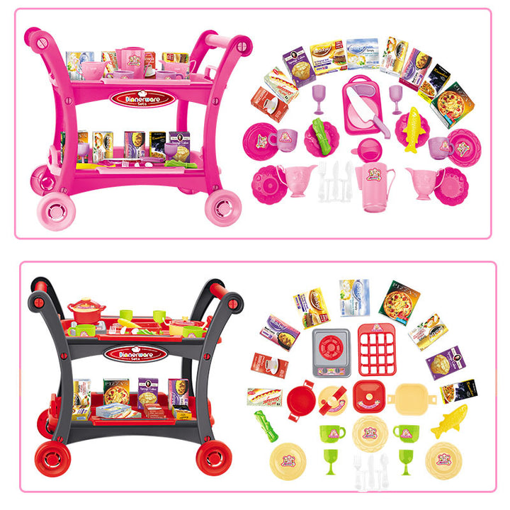 Pink Children's Pretend Play Kitchen Cart Set with Toys - Roleplay Cooking Set with Accessories - Educational Toy for Kids