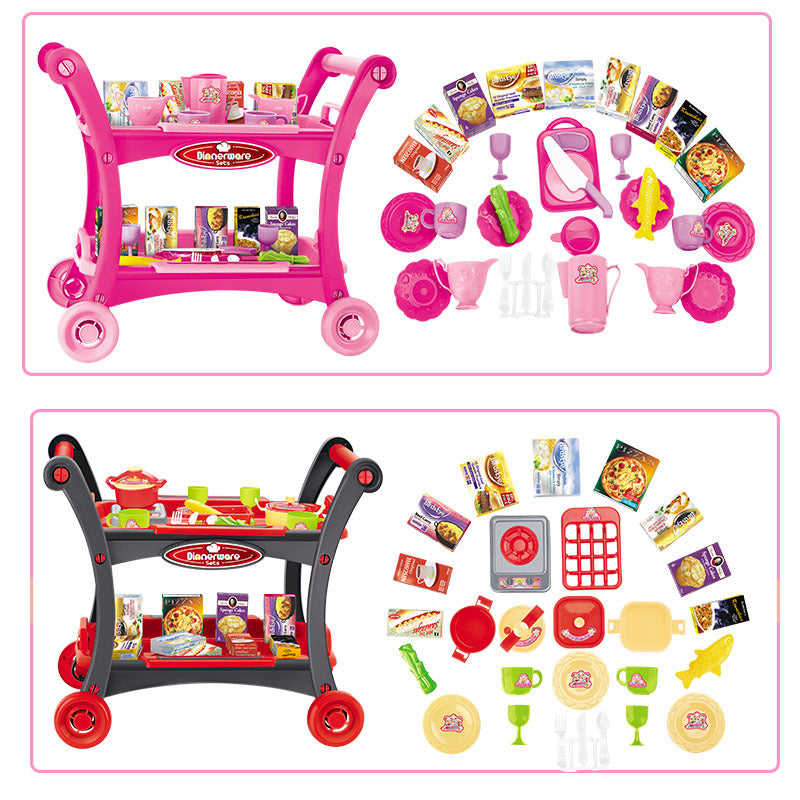 Red Children's Pretend Play Kitchen Cart Set with Toys - Roleplay Cooking Set with Accessories - Educational Toy for Kids