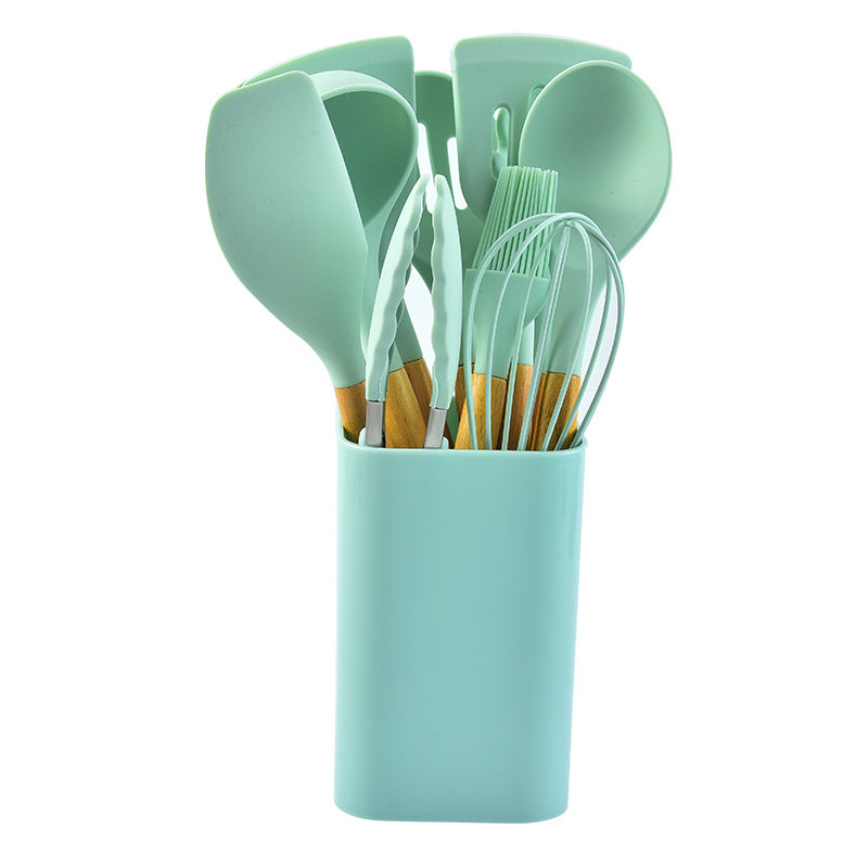 Green 12-Piece Silicone Kitchen Utensil Set with Beechwood Handles & Holder