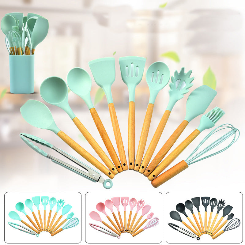 Green 12-Piece Silicone Kitchen Utensil Set with Beechwood Handles & Holder