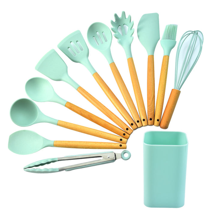 Green 12-Piece Silicone Kitchen Utensil Set with Beechwood Handles & Holder