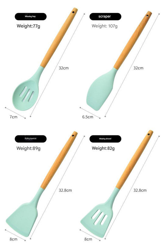 Green 12-Piece Silicone Kitchen Utensil Set with Beechwood Handles & Holder