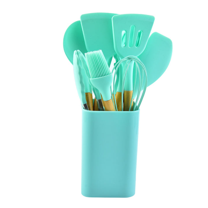 Light Green 12-Piece Silicone Kitchen Utensil Set with Beechwood Handles & Holder