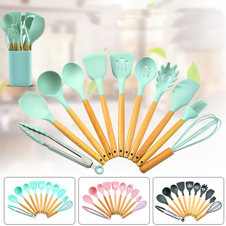 Light Green 12-Piece Silicone Kitchen Utensil Set with Beechwood Handles & Holder