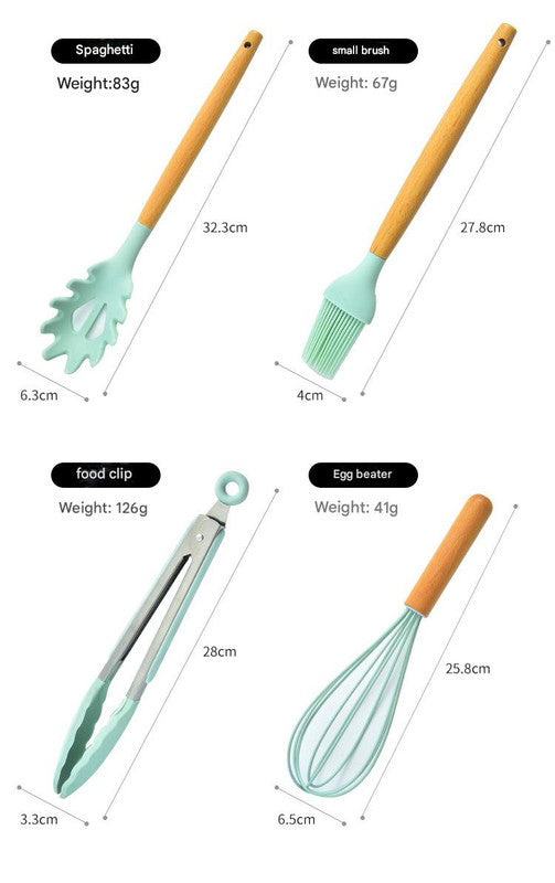 Light Green 12-Piece Silicone Kitchen Utensil Set with Beechwood Handles & Holder