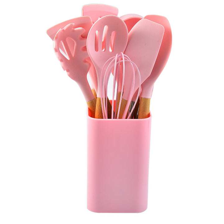 Pink 12-Piece Silicone Kitchen Utensil Set with Beechwood Handles & Holder