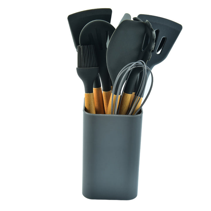 Black 12-Piece Silicone Kitchen Utensil Set with Beechwood Handles & Holder