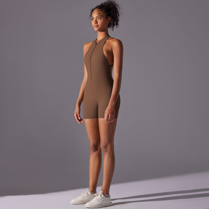 Size S Brown High-Impact Seamless Bodysuit - Nude Feel Yoga & Fitness Romper