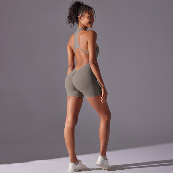 Size M Grey High-Impact Seamless Bodysuit - Nude Feel Yoga & Fitness Romper