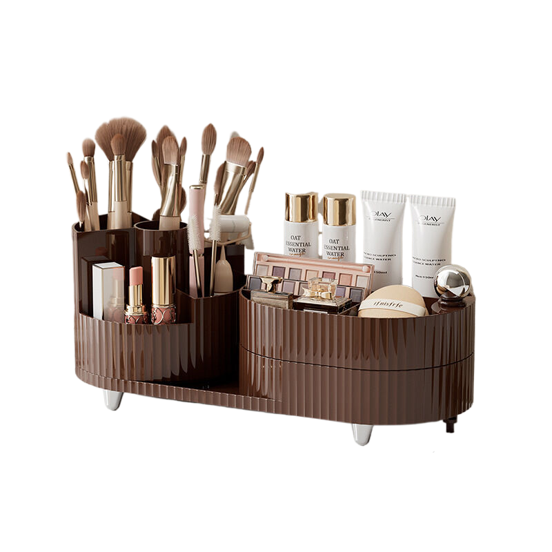 Rotating cosmetics storage box, two-layer milk tea brown