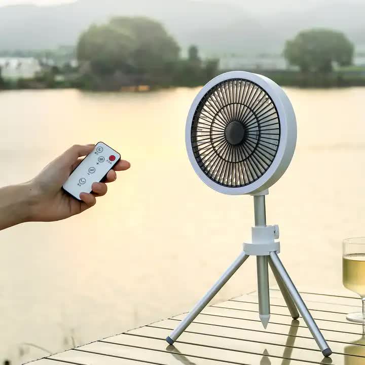 White Portable Outdoor Tripod Fan – USB Rechargeable Camping Fan with Remote Control, Folding & Adjustable for Outdoor Activities and Travel