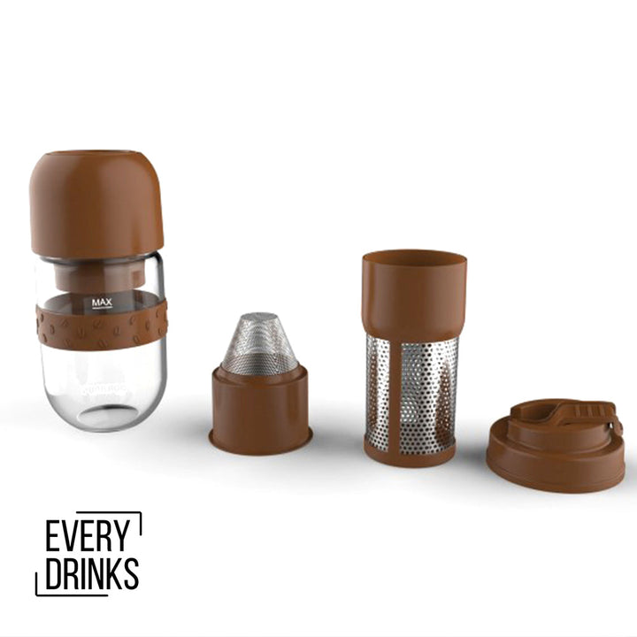 Brown All in1 Anywhere Portable Drip Pour Over Coffee Maker + Electric Grinder + Juice Blender Anywhere Freshly Ground Coffee