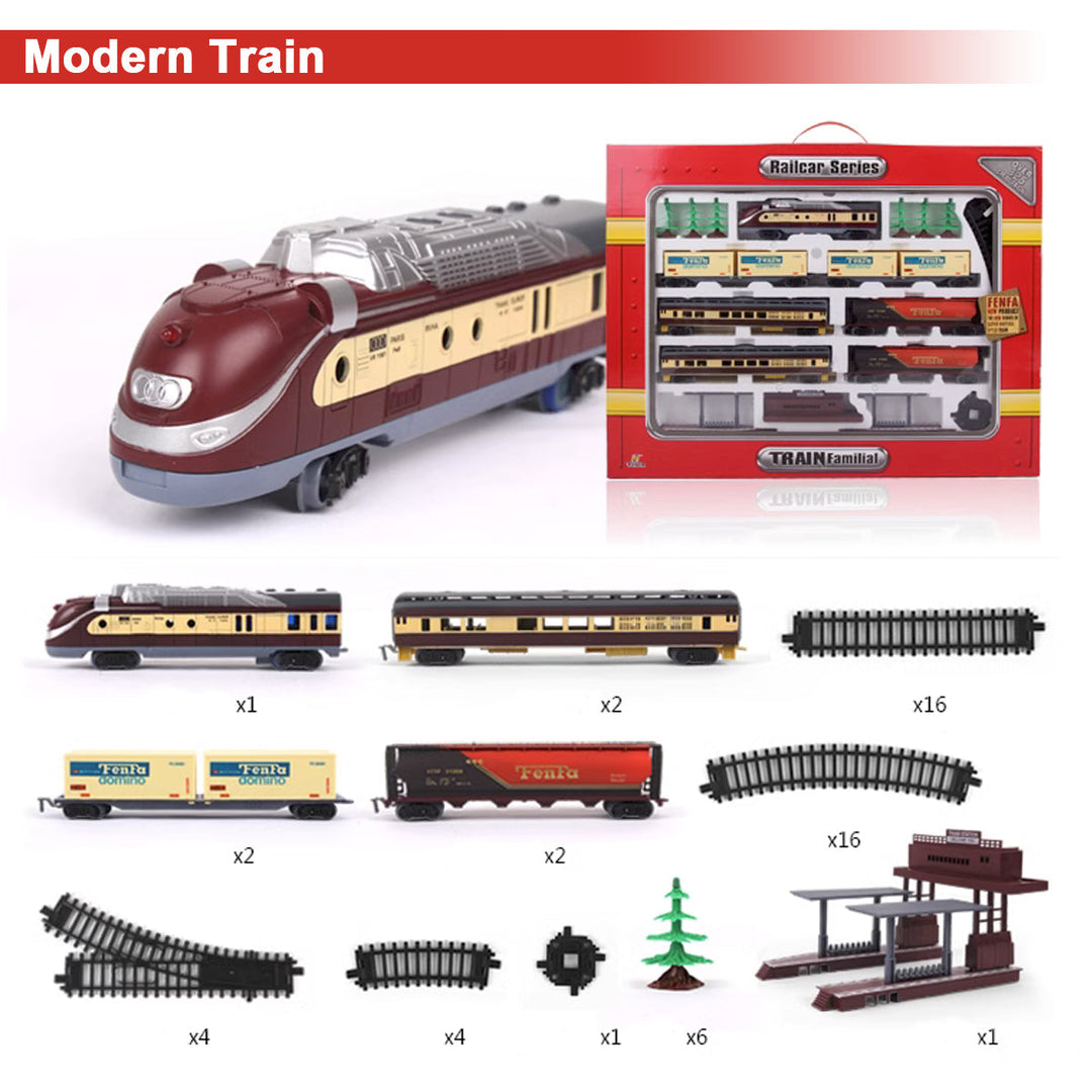 Electric Modern Toy Train Set Vehicle Rail Track Carriages With sound and lighting Kids