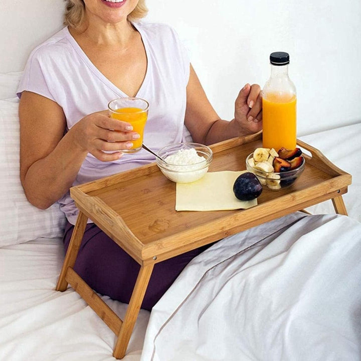 2 x Bamboo Bed Table Breakfast/Snack Serving Tray with Foldable Legs