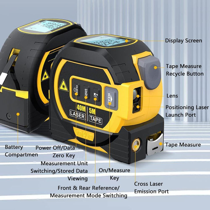 40m Laser Measure, Cross-line Laser Level, 5m Tape Measure Yellow